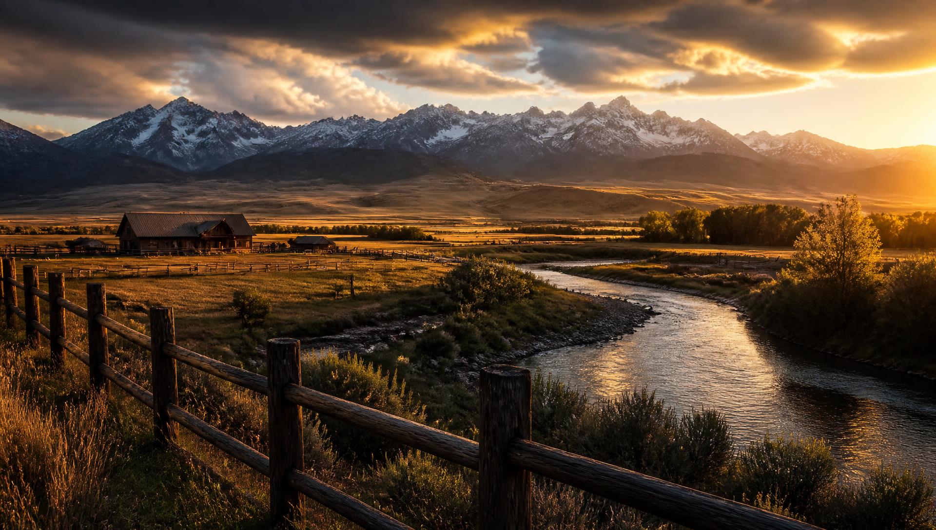 Ranch land at sunrise beneath snow-capped Montana peaks with a river winding through open meadow